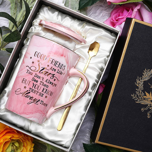 Best Friends, Friendship Gifts for Women Birthday Gifts for Women Birthday Gifts Ideas for Her, Friends Female, Besties, Sister, BFF Ceramic Marble Coffee Mug Gifts Box Printed Gold 14oz Pink