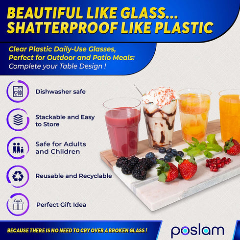 Poslam | Plastic Drinking Glasses, set of 6 12oz glasses - Unbreakable Glasses, Clear Plastic Drinkware, Dishwasher Safe, Shatterproof Glasses, Everyday Tumblers