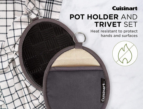 Cuisinart Silicone Oval Pot Holders and Oven Mitts - Heat Resistant, Handle Hot Oven/Cooking Items Safely - Soft Insulated Pockets, Non-Slip Grip and Convenient Hanging Loop - Grey, 2pk