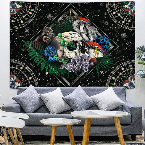 Skull Tapestry Colorful Mushroom Tapestry Constellation Tapestry Black Starry Tapestry Trippy Tarot Tapestry Wall Hanging for Room (59.1 x 82.7 inches)