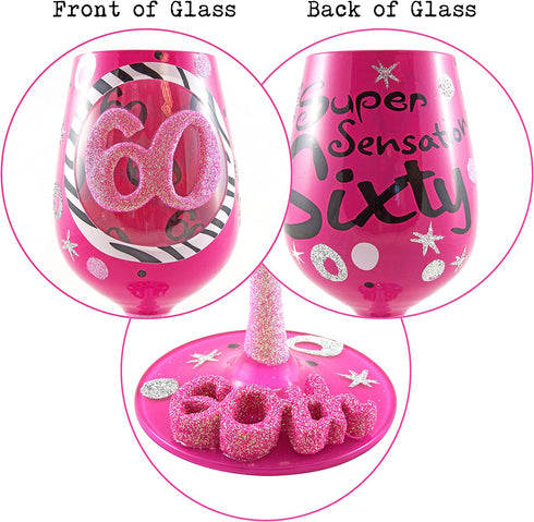 Top Shelf Decorative 60th Birthday Wine Glass, 1 Count (Pack of 1), Pink