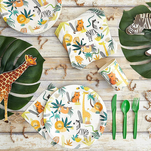 Jungle Theme Safari Birthday Animal Party Decorations Plates and Dinnerware Supplies (144 Pieces, Serves 24)