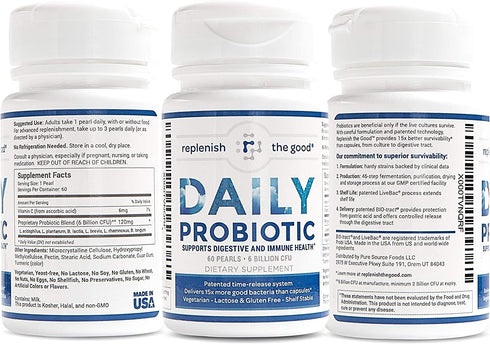 Replenish the Good Daily Adults’ Probiotic | Vegan Supplement w/ 6 Billion CFU | Helps Digestive & Immune Health | Delivers 15x More Good Bacteria | Relieves Bloated Stomach & Acid Reflux | 60 Pearls