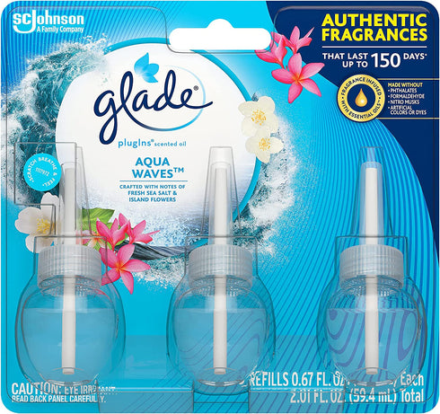 Glade PlugIns Refills Air Freshener, Scented and Essential Oils for Home and Bathroom, Aqua Waves, 2.01 Fl Oz, 3 Count