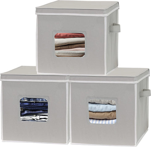 SimpleHouseware 3-Pack 12-Inch Cubic Storage Basket w/ Lid, Window and Side Handles, Grey