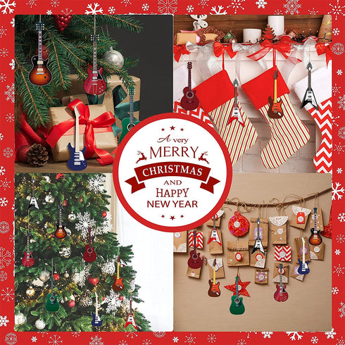 Purpeak 24 Pieces Christmas Guitar Ornaments Christmas Wooden Guitar Model Xmas Tree Guitar Hanging Decorations Christmas Wood Musical Instrument Ornaments for Christmas Party Home Wall Decor Supplies