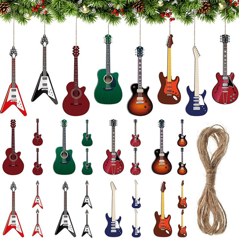 Purpeak 24 Pieces Christmas Guitar Ornaments Christmas Wooden Guitar Model Xmas Tree Guitar Hanging Decorations Christmas Wood Musical Instrument Ornaments for Christmas Party Home Wall Decor Supplies