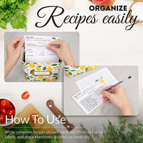 Lemon Recipe Box with Cards and Dividers - 60 Lemon Decor Recipe Card Gift Box with 15 Recipe Card Dividers and Wooden Recipe Card Holder | Lemon Recipe Card Box, Lemon Recipe Tin, Recipe Organizer