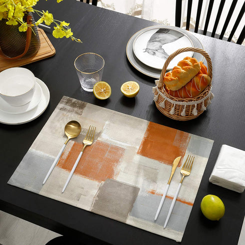 Bingigo Orange Placemats Set of 4 for Dining Table Cotton Linen Heat Insulating Kitchen Table Mats Durable Washable Burnt Orange Brawn Gray Paint Art Garffiti Placemats for Farmhouse Kitchen Table