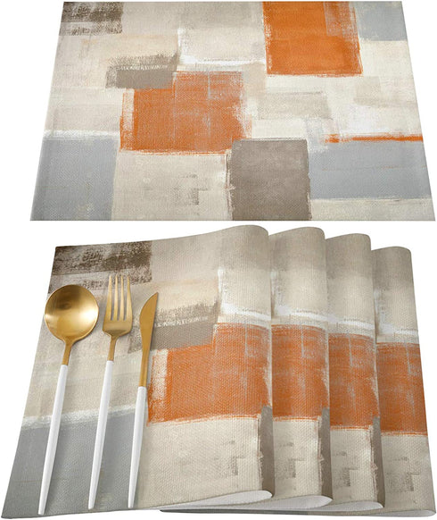 Bingigo Orange Placemats Set of 4 for Dining Table Cotton Linen Heat Insulating Kitchen Table Mats Durable Washable Burnt Orange Brawn Gray Paint Art Garffiti Placemats for Farmhouse Kitchen Table