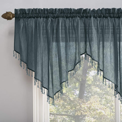 No. 918 Erica Crushed Texture Sheer Voile Beaded Ascot Rod Pocket Curtain Valance, 51 in x 24, Teal