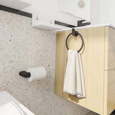 Ruacq 4 Pieces Bathroom Accessories Hardware Set Matte Black Stainless Steel and Zinc Alloy Modern Wall Mounted, 16-Inch Towel Bar, Toilet Paper Holder, Towel Ring?Robe Hook€¦
