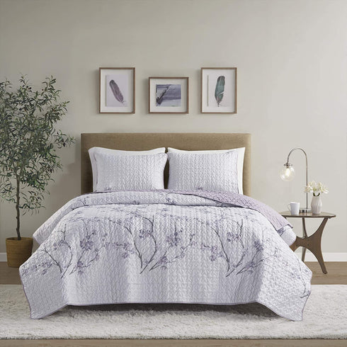 Comfort Spaces Reversible Quilt Set-Vermicelli Stitching Design All Season, Lightweight, Coverlet Bedspread Bedding, Matching Shams, King (104 in x 90 in) Kate, Grey/Purple 3 Piece