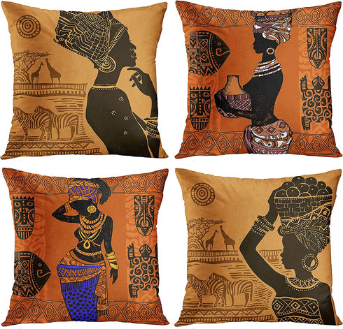 Emvency Set of 4 Throw Pillow Covers Retro Abstract Black and Brown Basket Zebra Giraffe African Women Ethnic Tribe Decorative Pillow Cases Home Decor Standard Square 18x18 Inches Pillowcases