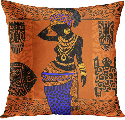 Emvency Set of 4 Throw Pillow Covers Retro Abstract Black and Brown Basket Zebra Giraffe African Women Ethnic Tribe Decorative Pillow Cases Home Decor Standard Square 18x18 Inches Pillowcases