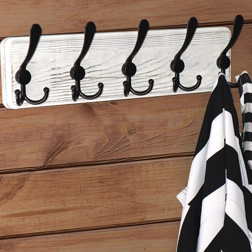 Dseap Coat Rack Wall Mounted - 5 Tri Hooks, Heavy Duty, Wooden Wall Coat Hanger Coat Hook for Clothes Hat Jacket Clothing, White & Black