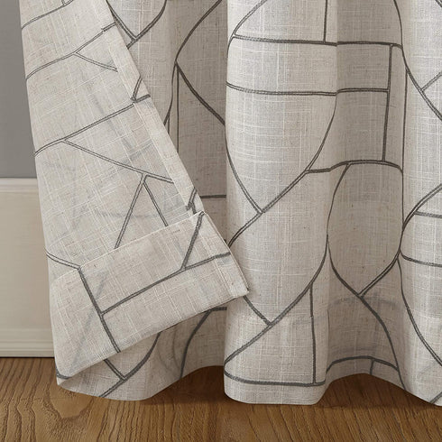 Archaeo Fragmented Geometric Embroidery Mid-Century Modern Natural Blend Curtain, 50 in x 84 in Panel, Gray/Linen