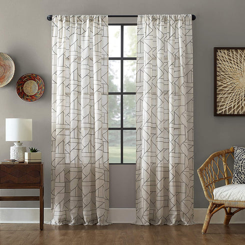 Archaeo Fragmented Geometric Embroidery Mid-Century Modern Natural Blend Curtain, 50 in x 84 in Panel, Gray/Linen