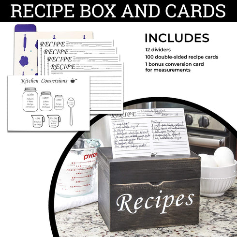 Black Recipe Box with Cards and Dividers - Wood Vintage Recipe Card Box with 100 4x6 Recipe Cards 12 Dividers and Conversion Chart Card - Gift Idea for Recipe Lovers