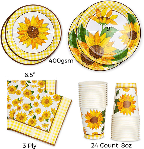 Royal Magnolia Sunflower Party Supplies -Service for 24- Sunflower Paper Plates (7 and 9 Inch), Paper Napkins and Party Cups - Disposable Sunflower Theme Party Dinnerware Set for Sunflower Birthday