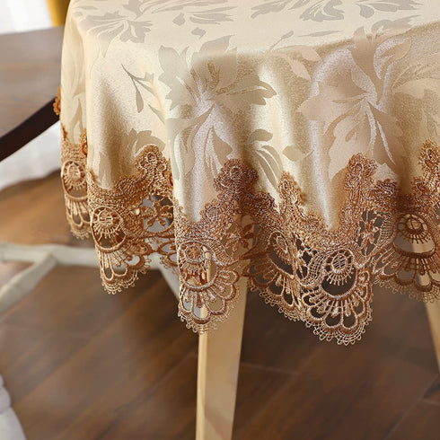QsyyHome Jacquard Gold Small Round Lace Embroidery Tablecloth End Side Card Table Cover Kitchen Dining Room Tabletop Decorations 35 inch