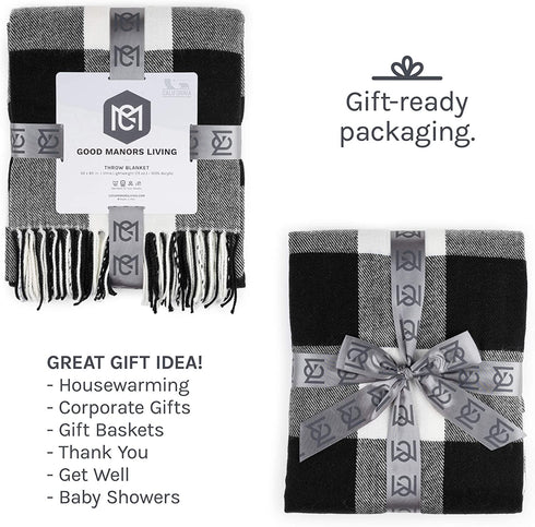 Buffalo Plaid Throw Blanket for Couch - Farmhouse Throw with Check Pattern - Soft Woven with Decorative Fringe - Lightweight for Bed, Sofa, Chair, Office, Outdoor - 50 x 60 in. (Black)