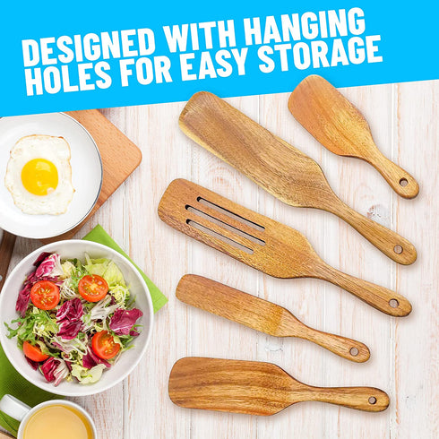 CHINOSA 5 Piece Wooden Spurtle Set - Acacia Wooden Utensils Set For Cooking - Heat Resistant Wooden Spoon Set - Kitchen Spoons for Cooking in Non Stick Cookware Pots and Pans