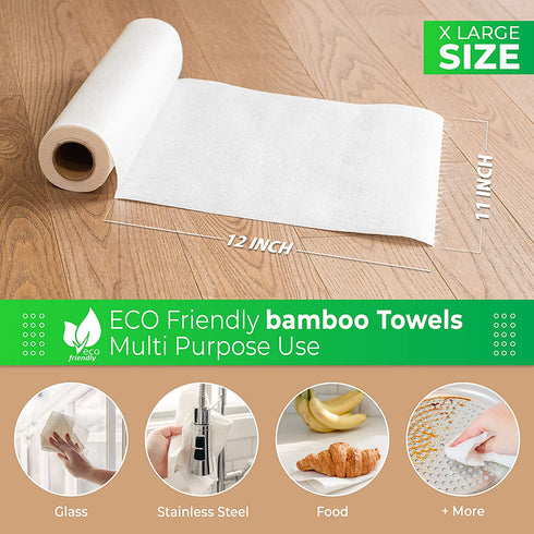 Bamboo Paper Towels - Washable Reusable Paper Towels, 2 Rolls, 1 Year Supply, Use Up to 2000 Times - Eco Friendly Paper Towel Alternative - Zero Waste, Biodegradable Kitchen Roll (40 Sheets)