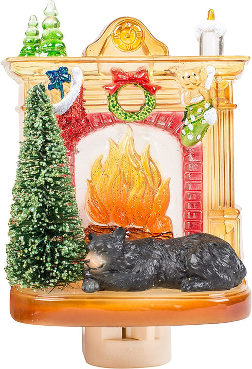 Sleeping Winter Bear by Fireplace 6 x 4 Inch Plastic Swivel Base Wall Plug In Night Light