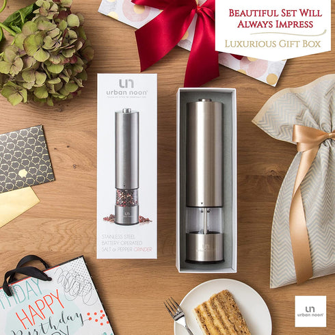 Electric Pepper Grinder or Salt Grinder - Battery Operated Stainless Steel Pepper Mill with Light - One Handed Operation - Adjustable Ceramic Grinder