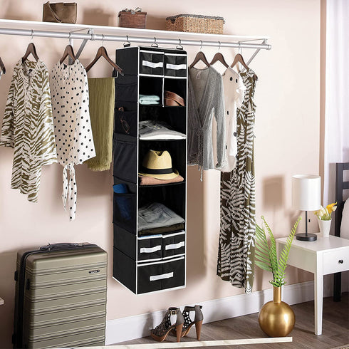 9 Shelf Hanging Closet Organizer with 5 Drawer Organizers, Baby Nursery Closet, Diaper Caddy Organizer, Slotted Storage Baskets, Hanging Drawers, Dorm Room Closet with Foldable Cube Storage Bins