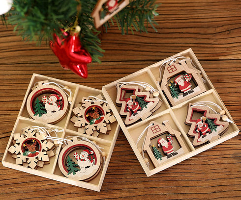 Wooden Farmhouse Christmas Tree Ornaments 24 Pieces, 2.3-inch Wooden Hollow Santa Claus Pendant, Snowman Pendant Ornaments Crafts, Christmas Party Ornaments.