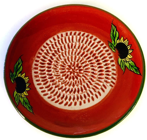 BonCera, All-in-one 4pcs Premium Ceramic Garlic Grater Set - HandMade, Red Sunflower Design Grater Plate w/Garlic Peeler, Gathering Brush, Display Stand, It's also grating Turmeric, Ginger, and more.
