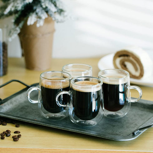 BTaT- Double Wall Glass Barrel Shape, 4 Pack, 5 oz (150 ml), Espresso Cups, Clear Espresso Cups, Glass Coffee Mugs, Clear Coffee Mug, Double Wall Glass Coffee Mugs, Latte Cup, Cappuccino Cup