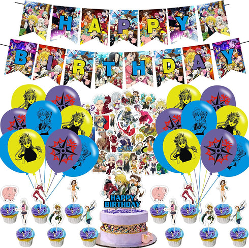 Seven Deadly Sins Birthday Party Decorations,Anime Manga Themed Party Supplies set for Boys Girls with Happy Birthday Banner,Cake Topper,Cupcake Toppers,Balloons,Stickers