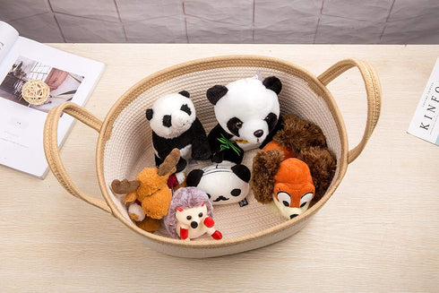 Rope Basket with Long Handles, Woven Basket, Baby Kids Room Toy Storage, Portable Hampers, Towel Storage Basket Woven Rope Basket, Nursery Hampers, Dog Toy Basket, (M Square 24 cm 28 cm 42 cm)