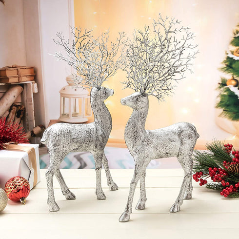 iPEGTOP 2 Pcs Rustic Christmas Reindeer Elk Holiday Figurines Decoration Christmas Standing Deer, Home Office Decor Statues Party Supplies