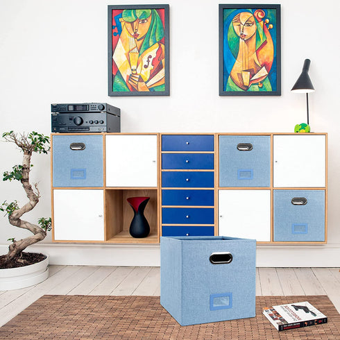 4 Pack 13.25 x 13.25 2021 NEW extra Large Collapsible Storage Bins Cube Storage Foldable Shelf Basket with Handles Exquisite for Organizing Toys Clothes Office Home Decor (Light Blue)