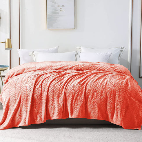 Whale Flotilla Flannel Fleece Twin Size(90x66 Inch) Lightweight Bed Blanket, Soft Velvet Bedspread Plush Fluffy Coverlet Palm Leaf Design Decorative Blanket for All Seasons, Coral