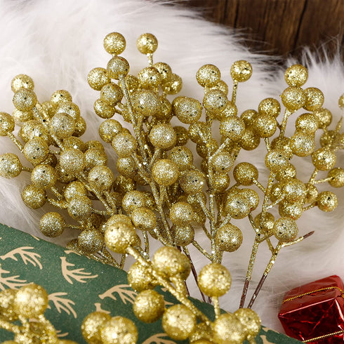 winemana 24 Pack 8 Inch Christmas Glitter Faux Winter Berry Sprigs, Artificial Sparking Red Berries Ornaments for Christmas Tree DIY Crafts Wreath Garland Decor (Gold)