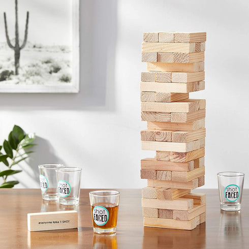 Game Night Tipsy Tower Drinking Game | Adult Party Game Set with 54 Stacking Wooden Blocks & 4 Durable Lead-Free Shot Glasses | Great Gift Idea for 21st Birthday, Bachelor & Bachelorette Party & More