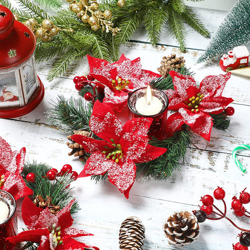 2 Pcs 10 Inch Christmas Poinsettia Candle Holder Centerpiece Red Poinsettia Christmas Candle Rings with 2 Pcs Christmas Candle Holders Glass for Home Party Christmas Table Mantel Decorations(Red)