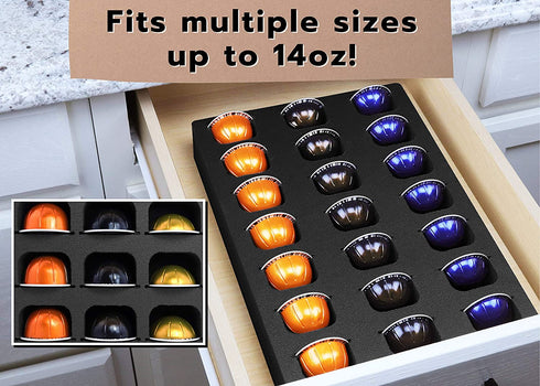 Polar Whale Coffee Espresso Capsule Drawer Organizer Tray Insert Compatible with Nespresso Vertuo VertuoLine for Kitchen Home Office Waterproof Washable Black Foam 21 Compartment 10.9 x 14.9 Inches
