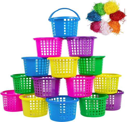 15 PCS Easter Baskets Small with Handles for Kids Egg Hunting-70g Easter Grass Stuffers for Spring Party Crafts Supplies Accessories Decorations Party Favors