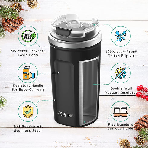 VeeFine Travel Coffee Mug 12oz Leak Proof Coffee Tumbler Dishwasher Safe 18/8 Stainless Steel Insulated Tumblers BPA-Free Car Cup Holder Friendly