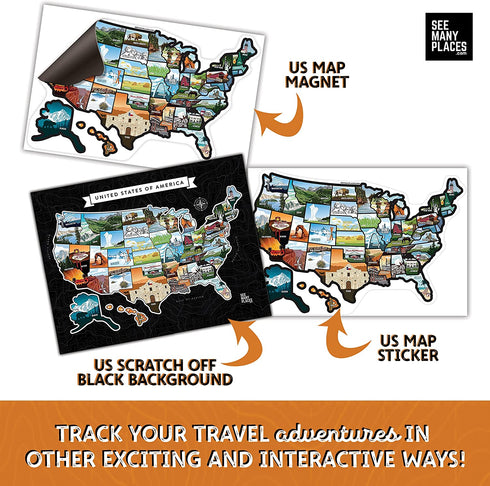 See Many Places Scratch Off Map of the United States - 28x22in Frameable Poster-Travel Map with Custom State Pictures & Gold Foiling, White