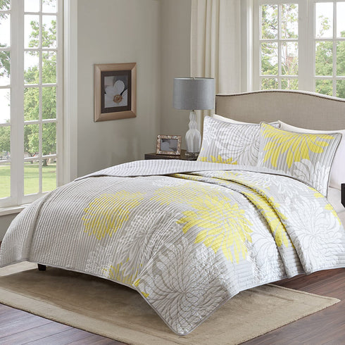 Comfort Spaces Enya 3 Piece Quilt Coverlet Bedspread Ultra Soft Floral Printed Pattern Bedding Set, King, Yellow-Grey,CS14-0062