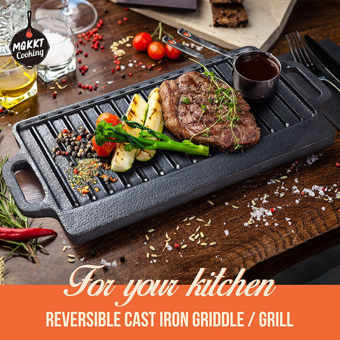 Cast Iron Griddle Plate 13 x 8 inch | Reversible Cast Iron Grill / Griddle Pan | Double Sided Stove Top Griddle On Single Burner | Pre-Seasoned Small Cast Iron Griddle 1 Piece