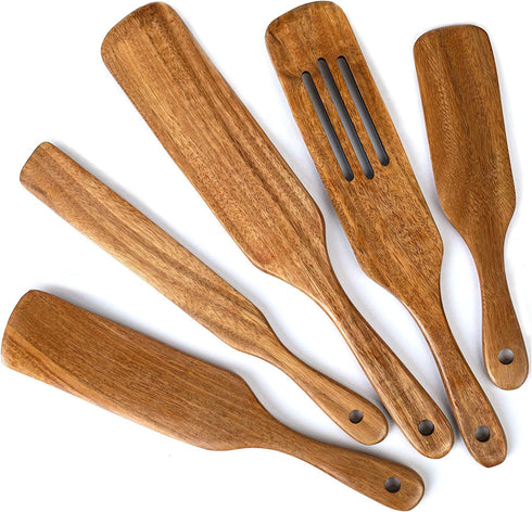 Wood Spurtles Kitchen Set, Acacia Wooden Kitchen Utensil Set,Wood Cooking Utensil, 100% Healthy Hard And Durable Wood Kitchen Utensils For Salad Stir, Cake Make And Pan-Fried Steak (5)