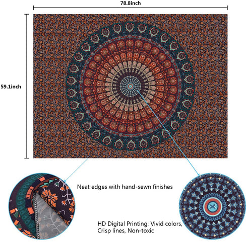 Bohemian Mandala Tapestry Hippie Tapestries Psychedelic Peacock Boho Tapestry Wall Hanging for Bedroom(59.1 x 78.8 inches)